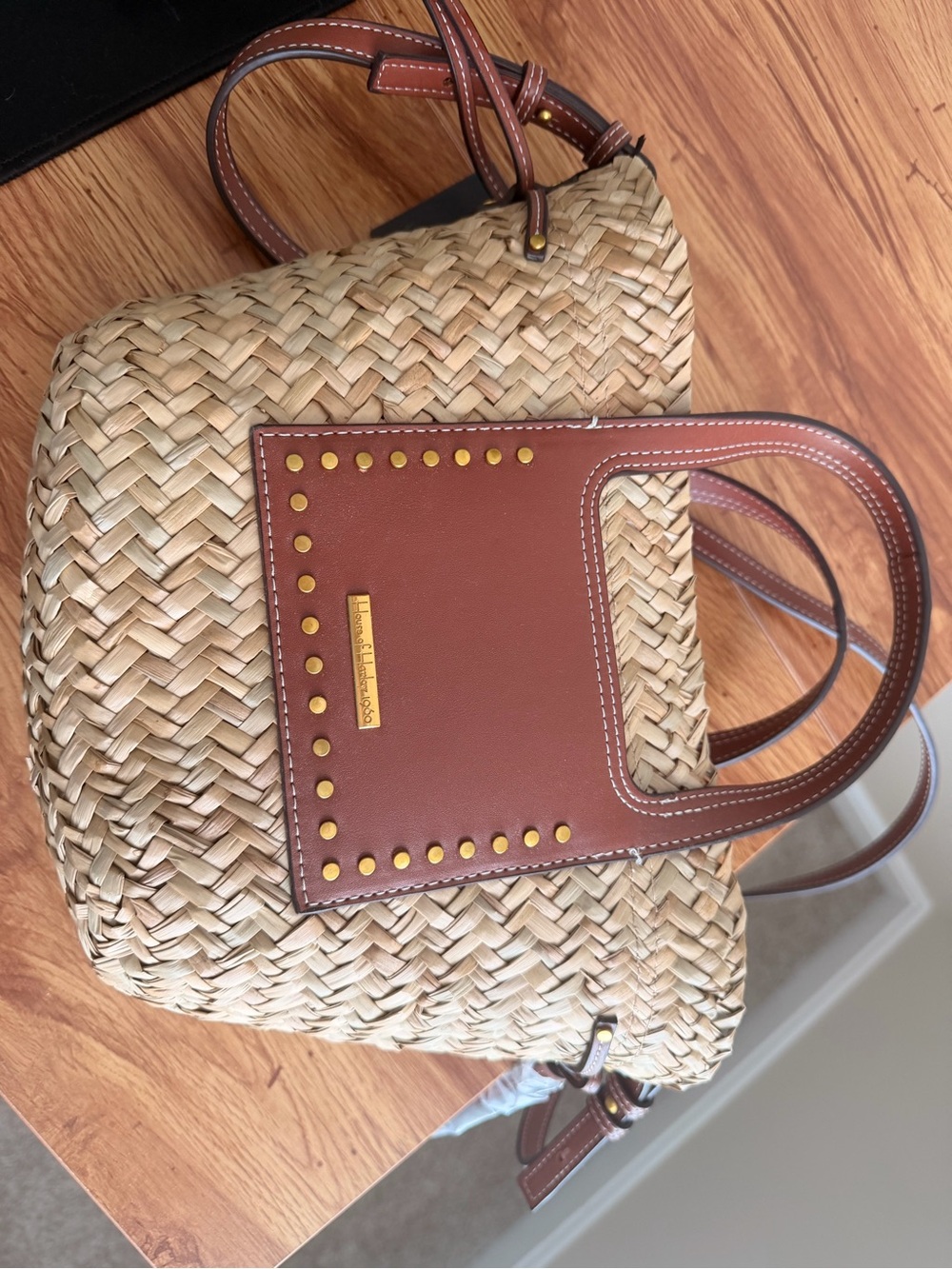 House of Harlow- Woven Straw Tote with Brown Leather Trim